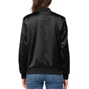 <b>Women</b> Black Satin Bomber <b>Jacket</b> Full Sleeve Zipper Closure Stand Collar Autumn Outerwear Regular Length Satin <b>Jacket</b> <b>For</b> Ladies - Product Image 5