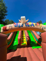 Toboggan gonflable sur le thème du Far West, toboggan commercial en PVC pour l'extérieur, aire de jeux gonflable western avec décorations de cactus