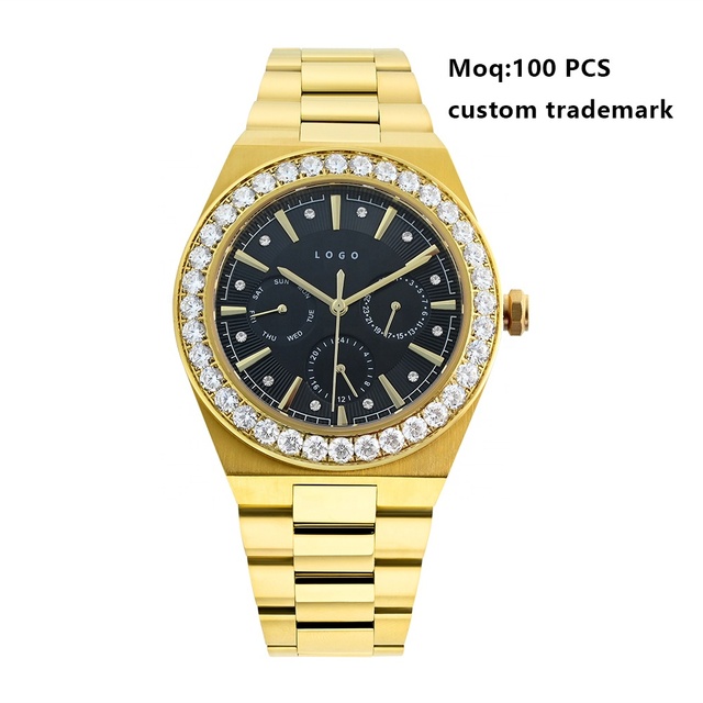 OEM ODM Manufacturer Low MOQ Private Label Watches Zircon Diamond Bezel Custom Logo Luxury Men Gold Watch