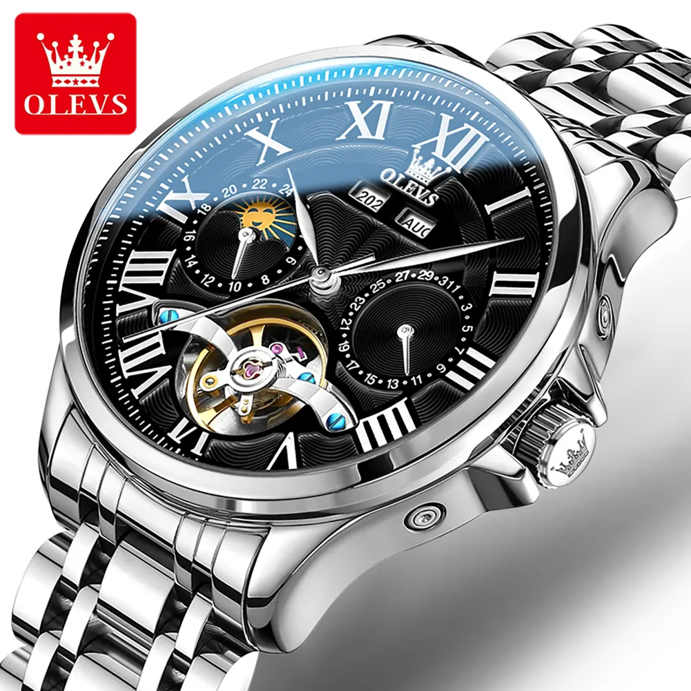 OLEVS 7013, reloj de cuero genuino para hombre, relojes luminosos a prueba de arañazos, relojes de pulsera Dual Tourbillon para hombre