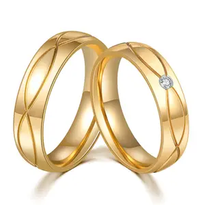 Cincin Pasangan Modis Sederhana Perhiasan Berlapis Emas Baja Nirkarat Cincin Pernikahan Pertunangan Wanita Pria