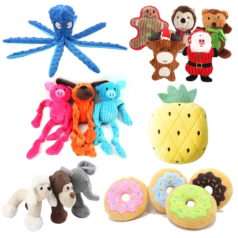 Hot Sale Friendly Cute Soft Doughnut Octopus Hedgehog Vegetables Durable Pet Squeaky Chew Toy Plush Dog Toy