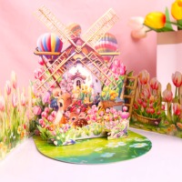 Carte de vœux 3D pop-up exquise avec message cadeau, moulin à vent à double porte, écureuil, ballon à air chaud