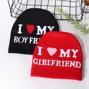 2024 New Fashion I LOVE MY BOYFRIEND Slogn Y2K Knitted All Over Print Design Jacquard Beanie Hat For Couples Gifts