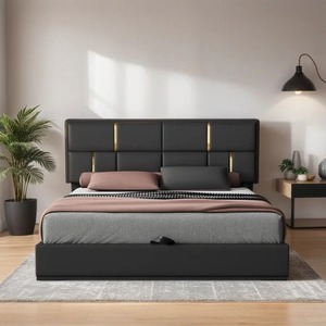 Lits de rangement rembourrés King Size Double Queen Modern Leather Metal Bed Fame avec élévateur à gaz et tête de lit Meubles de chambre à coucher - Product Image 1