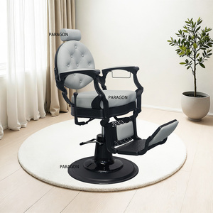 Silla de barbero reclinable 2025 con función de altura ajustable Base de metal negro con tapicería beige y blanca para hombres - Product Image 5