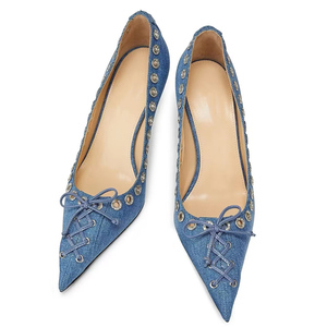 Chaussures à talons hauts pour femme, grande taille 45, en jean chic, style stiletto, à lacets sur le devant, avec nœud, bout pointu, décorées de trous métalliques - Product Image 4