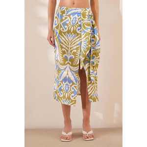 Jupe midi élégante imprimée à fente pour femme, taille régulière, en mousseline de viscose et polyester, motif bleu doux, jupe tendance - Product Image 3