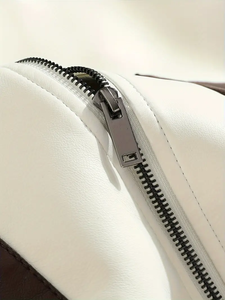 Chaqueta informal de cuero PU para hombre dropshipping-Diseño de bloque de color con paneles blancos y marrones, cremallera, ajuste suelto, forro de poliéster - Product Image 4