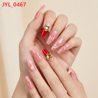 Ongles longs élégants roses en ABS à presser, forme cercueil, ligne rouge, fleur blanche, cœur brillant, strass, finition brillante, pour usage quotidien et rendez-vous galants