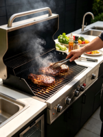 Station de cuisine extérieure tout-en-un robuste et réglable en acier inoxydable avec barbecue à gaz, évier, robinet et porte vitrée sous comptoir