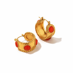 Hoop <b>Earrings</b> <b>Red</b> Agate Gold Plated Stainless Steel Party Jewelry Bohemian Style Geometric Design - Product Image 4