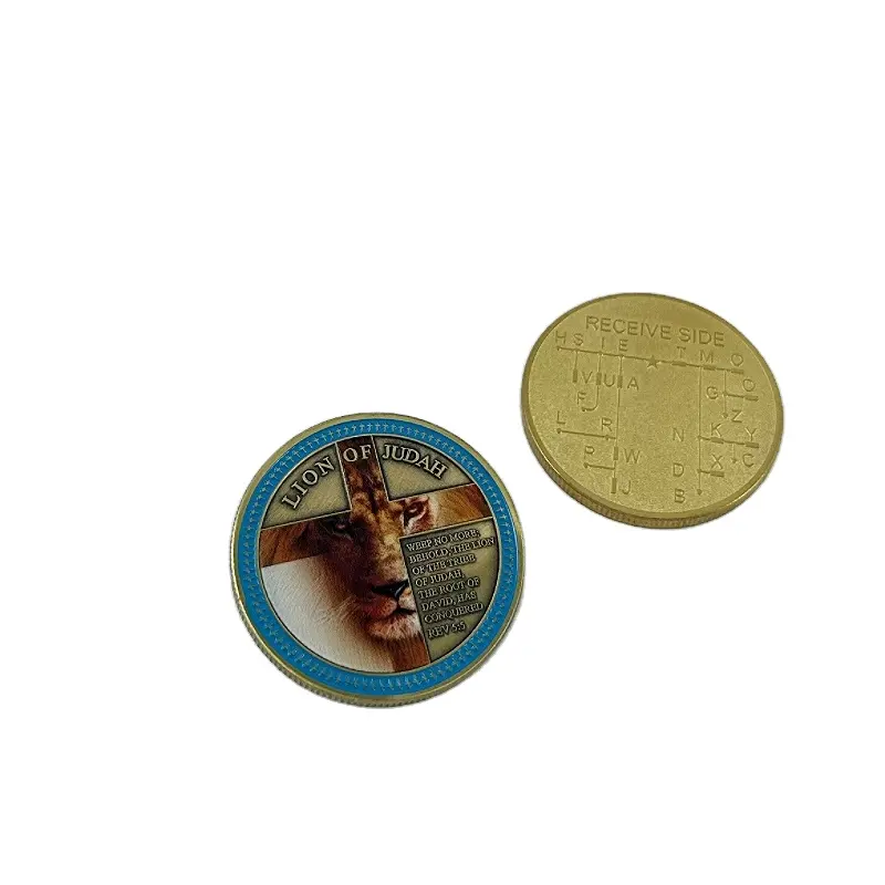 Moeda de metal artesanal 40mm leão de jusah liga de zinco esmalte macio moeda desafio maçônica com desenho livre, moeda de ouro de ouro de 2024