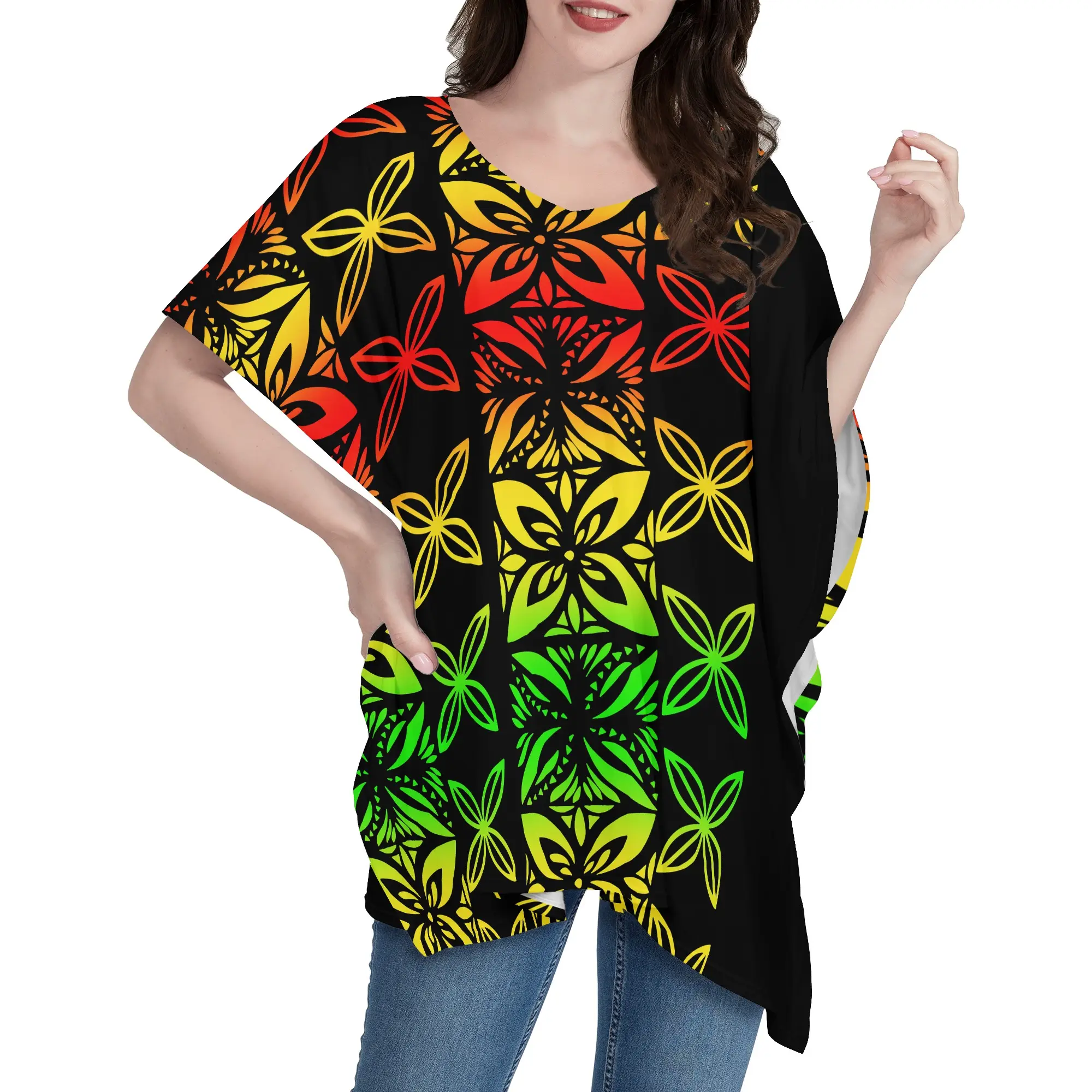 Oversize Women Summer Reggae Short Sleeve ponchos tops V Neck T Shirts Mini Dress Polynesian Tattoo Tee Dress Casual Wearing