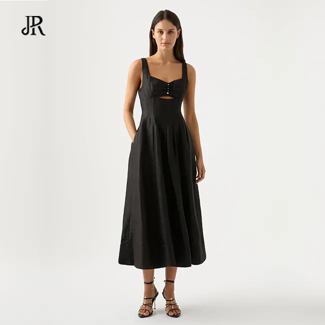 JIARUI Summer Fashion Black Pearl Pin Midi Dress Casual Sexy High Quality Women Evening Dresses