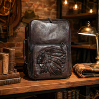 Tas Ransel Kulit Sapi Asli Vintage Western Chief dengan Saku Depan Berukir Warna Cokelat Tua untuk Perjalanan Musim Panas dengan Ritsleting Antik
