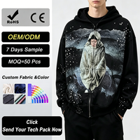 Hoodie Kasual Katun Custom Print dengan Desain Berhias Rhinestone, Resleting Ganda, Bernapas & Tahan Angin, Unisex
