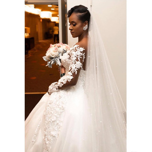 Off-Shoulder Wedding Dress White A-Line Empire Waist Sweetheart Neckline Floral Print Polyester Fiber Gown - Product Image 4