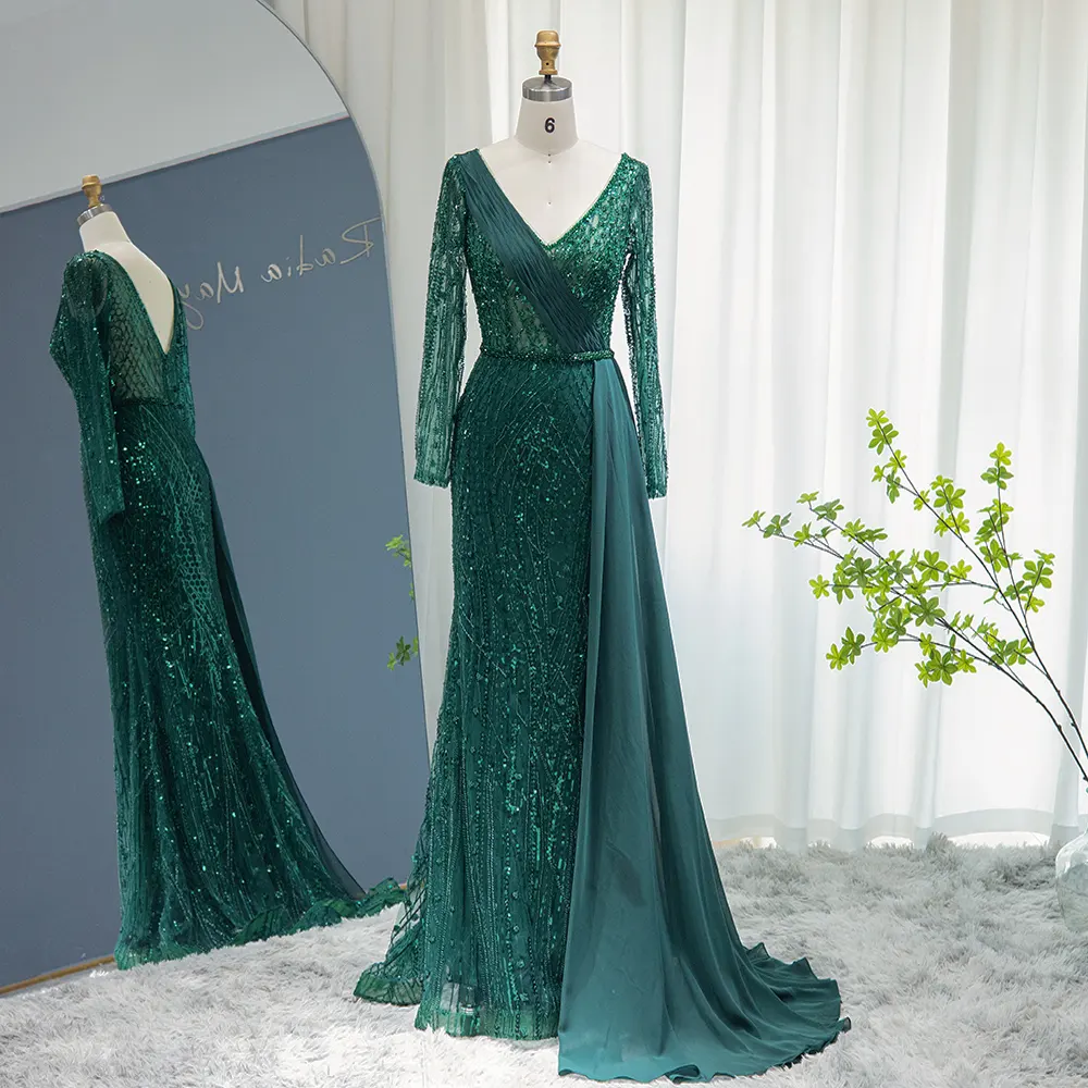 Luxury Dubai Emerald Green Mermaid Evening Dresses for Women Wedding Aqua Overskirt Long Plus Size Party Gowns SCZ202-1