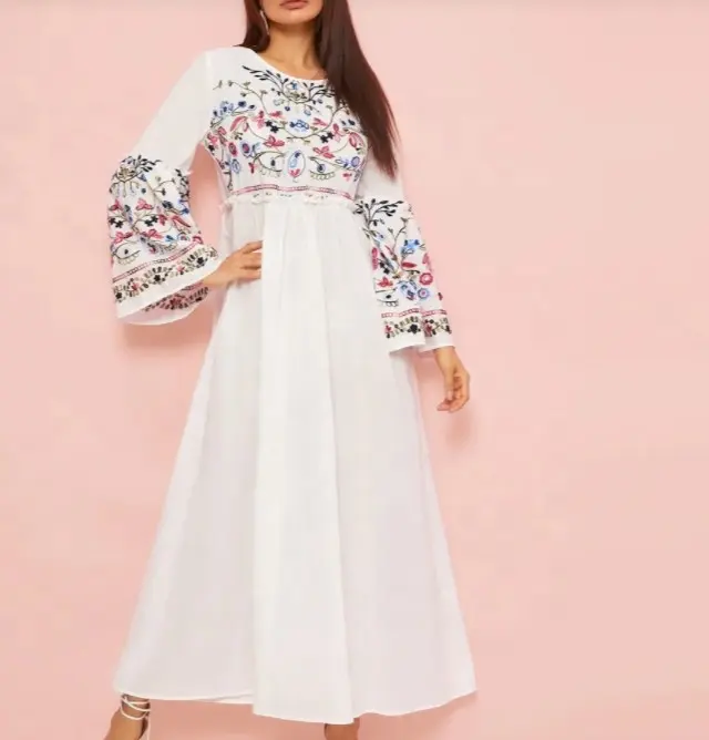 Frilled Trim Bell Sleeve Elegant Ladies Flower Embroidered Casual Dresses Long Sleeve Spring Floral mother of the bride clothing