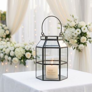 Wholesale Hexagon <b>Glass</b> Hurricane <b>Candle</b> <b>Holder</b> with Black Metal Frame for Weddings Table and Floor Decor - Product Image 1