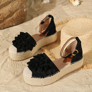 Novedad de verano, <span class=keywords><strong>sandalias</strong></span> para mujer, estilo de vacaciones negro con arrugas onduladas, zapatos de <span class=keywords><strong>pescador</strong></span> de paja de fondo grueso de 5cm, zapatos de mujer con una correa - Product Image 4