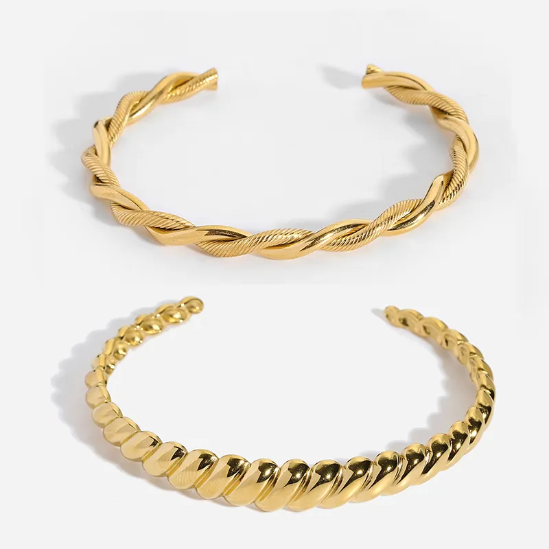 14 Karat & 18 Karat vergoldet Braid Croissant Manschette Armbänder für Frauen Edelstahl Armband Armreif Wasserdichter Schmuck