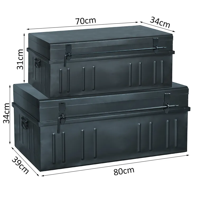 Baúl de almacenamiento de metal para la casa, Juego de 2 baúles de almacenamiento de material de hoja laminada en frío negro con cerradura