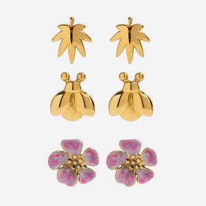Floral <b>Bee</b> Leaf Stud Earrings 18K Gold Plated Stainless Steel <b>Gift</b> Jewelry Set For Women Fashion Accessories - Product Image 1