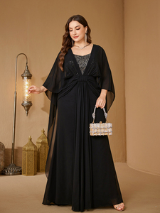 <span class=keywords><strong>Robe</strong></span> <span class=keywords><strong>longue</strong></span> en mousseline de soie noire à sequins, col en forme de cœur, manches chauve-souris, taille plus, pour femmes, idéale pour les soirées <span class=keywords><strong>et</strong></span> les galas - Product Image 4