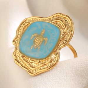 Nuovo anello aperto placcato oro 18K alla moda con <span class=keywords><strong>smalto</strong></span> blu <span class=keywords><strong>turchese</strong></span> e motivo tartaruga di ispirazione nautica gioielli di moda per le donne - Product Image 4