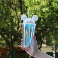 Vente en gros, gobelet d'été à double paroi réutilisable, gobelet d'été en plastique acrylique transparent avec paille et couvercle d'oreilles de souris 16oz