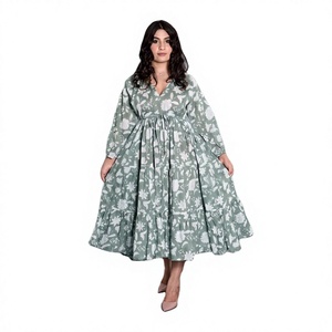 Nouvelle arrivée, robe mi-longue rétro d'été à fleurs, col en V, manches 3/4, boutonnée, en coton doux, légère, respirante, coupe ample, surdimensionnée - Product Image 1