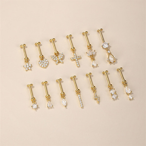 Clous de piercing en argent massif S925 de 6 mm, gouttes d'eau marquise, avec breloque éclair en zircon cubique 5A, à visser, dos plat - Product Image 3