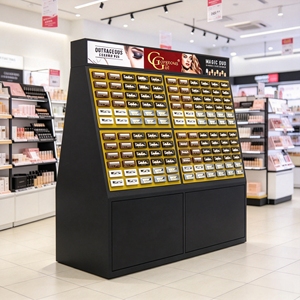 Support d'affichage au sol en métal, double face, robuste, pour la vente au détail, avec armoire de rangement inférieure pour cosmétiques et faux cils - Product Image 3