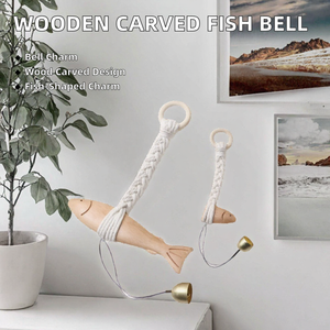 Décoration murale en bois sculpté en forme de poisson, avec corde en coton nouée, pendentif en bois fait main d'Inde - Product Image 2
