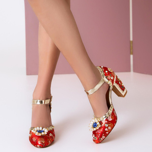 Sandales à talons épais pour femme, grande taille 45, avec perles de luxe, fleurs, strass, bride cheville, coupe large, imprimé floral, chaussures habillées - Product Image 2