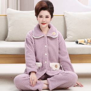 Vente chaude femmes hiver Cardigan revers ensemble à la mode épais Rose velours flanelle pyjamas thermique maison vêtements pour d'âge moyen - Product Image 2