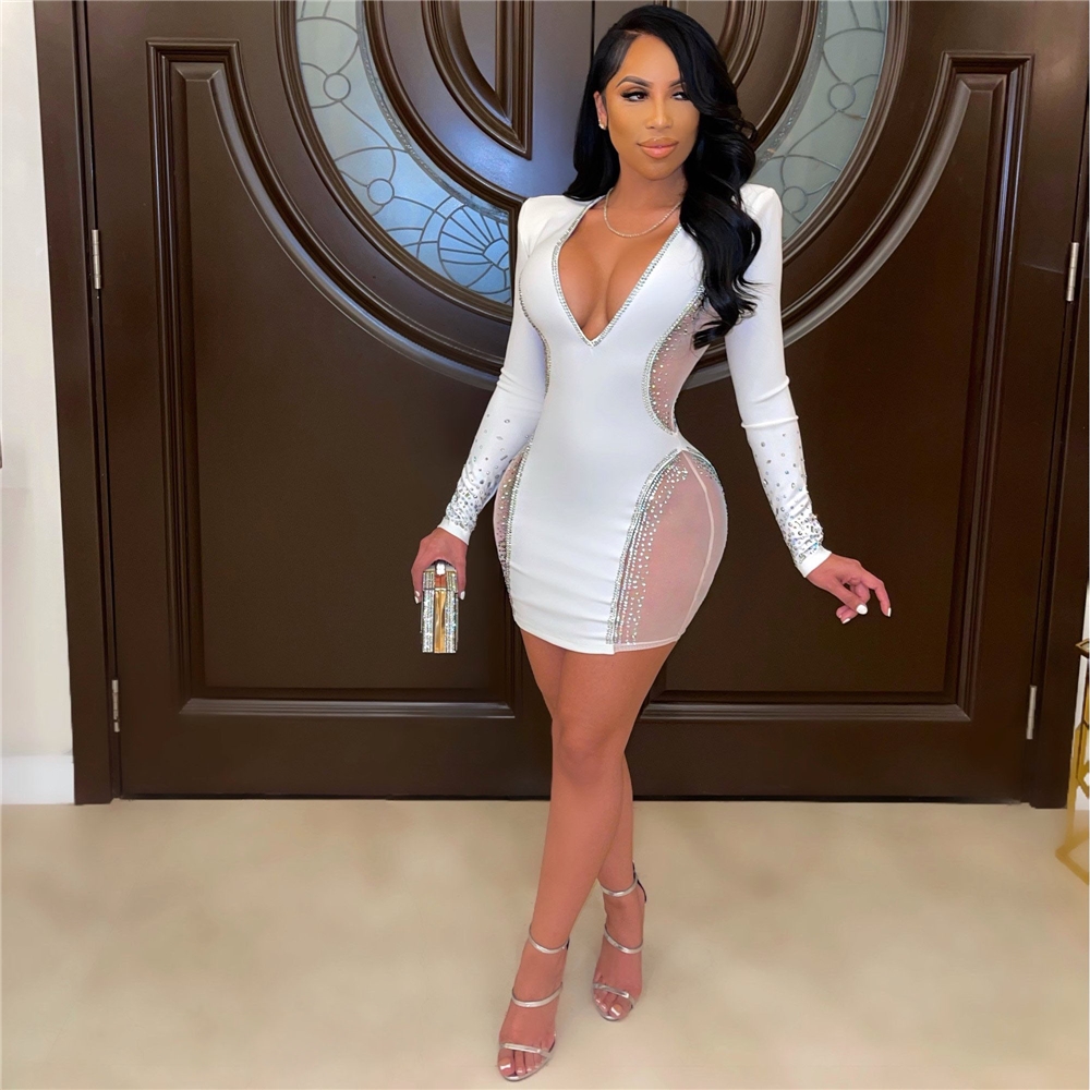 white nightclub dress Astonish | White Long-Sleeve Embellished Square-Neck Mini Dress With Volume Skirt main image 1
