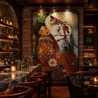 Mural Mosaik Kaca Potret Gaya Eropa Kustom, Seni Dinding Batu Kuda Putih Buatan Tangan untuk Restoran dan Bar Mewah