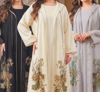 Ensemble deux pièces en lin avec abaya ouverte à capuche et broderie élégante paon, robe intérieure, pour femmes musulmanes, été, ODM, pour fêtes, mariages et usage quotidien