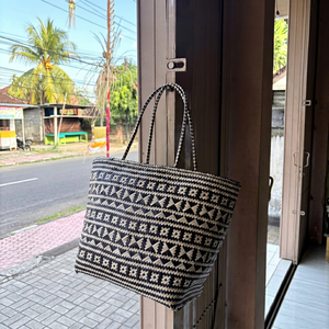 Sac à main Motif B Square Lontar, sac fourre-tout en paille à motif géométrique, style bohème pour femmes, grande capacité, usage quotidien décontracté - Product Image 1