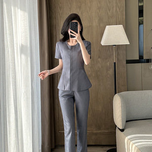 Women's Professional Suit <b>Set</b> Short Sleeve Collarless Breathable Worsted Summer <b>Office</b> Lady Style - Product Image 1