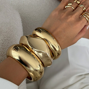 Cực Chunky lớn của phụ nữ thời trang Bangles Set 3 Miếng thời trang kim Loại mịn mùa xuân khóa phóng đại phong cách Vàng bangles - Product Image 2