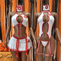Jiubaju Halloween Naughty Nurse Uniform Sexy Cosplay Lingerie Women Underwear Exotic Halter Cami Top Bow Skirt Thongs Set