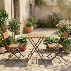 Modern Outdoor <b>Garden</b> Set with Wooden Tops and Steel Frame <b>Foldable</b> <b>Table</b> and 2 Chairs for Patio Use - Product Image 5