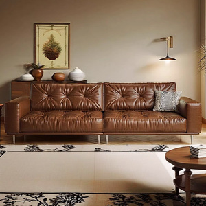 Italian Luxury Retro Oil Wax Leather <b>Sofa</b> Straight Top Grain Cowhide <b>For</b> Small Living Room - Product Image 1