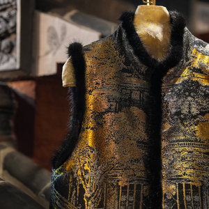 Gilet chaud doublé polaire grande taille pour femme, style chinois haut de gamme, en fourrure de vison et soie de mûrier, brocart Song, référence 5637 - Product Image 4