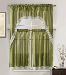 3PCS SOLID FAUX SILK WITH EMBROIDERY KITCHEN CURTAIN