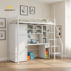 Lit superposé fonctionnel en métal pour enfants avec bureau, armoire et étagères pour dortoir scolaire - Product Image 1